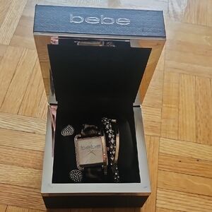 Bebe Black and Silver Watch with Heart Accents